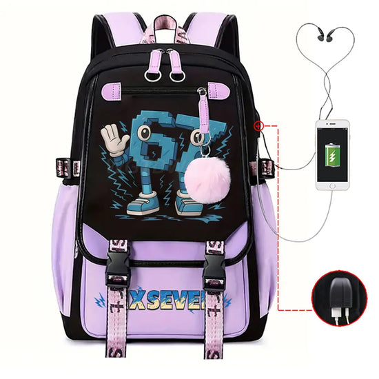 Cartoon Six Seven Italian Brainrot Funn Game Backpack College Girls Boys 67 Design Theme Back Pack Fashion USB Charging Bookbags