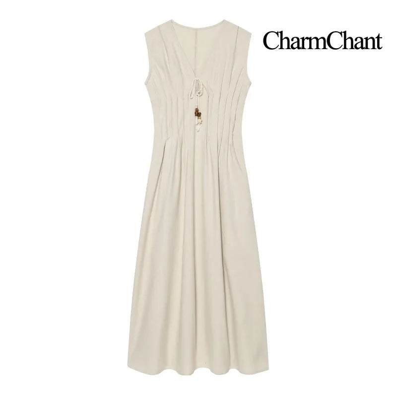 Abito Donna in Lino e Cotone – Vestito Beige Estivo con Scollo a V