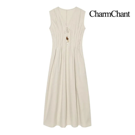 Abito Donna in Lino e Cotone – Vestito Beige Estivo con Scollo a V