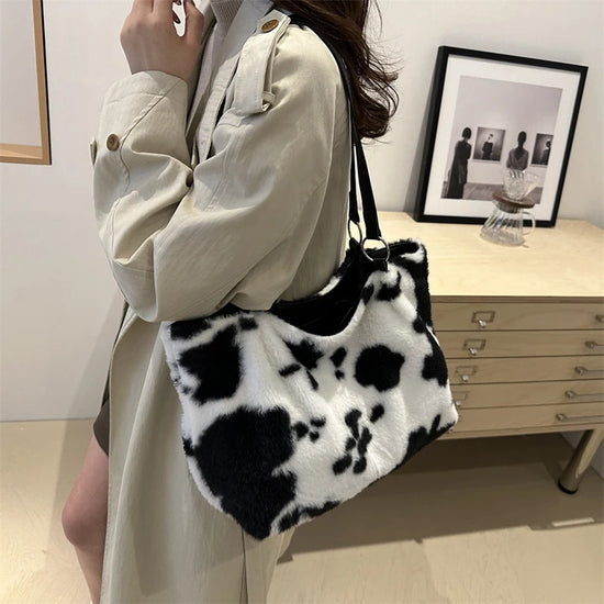 Borsa in Ecopelliccia Donna Animalier Mucca – Grande Capacità a spalla