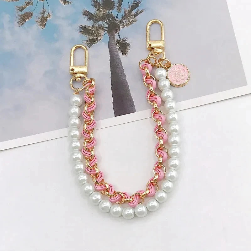 Portachiavi elegante doppio strato con perle + catena in pelle - accessorio fashion bag charm 2025