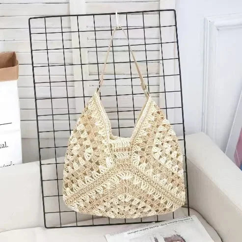 Borsa in paglia intrecciata traforata – straw hollow-out shoulder bag con tasca per smartphone, ideale per viaggio e shopping