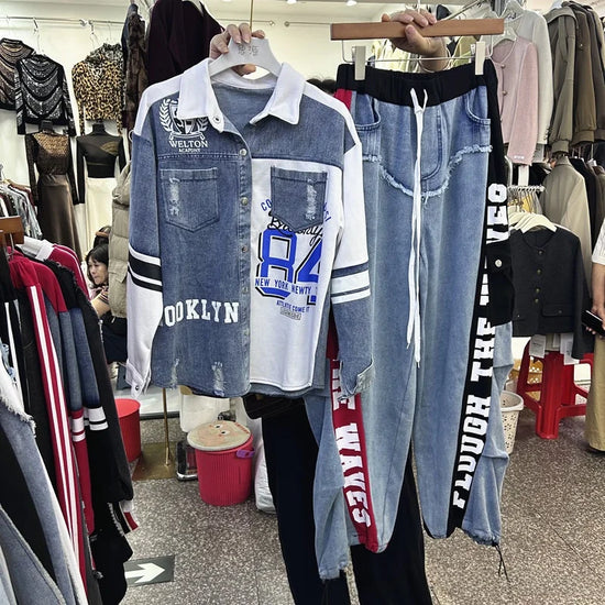 Completo Donna 2 Pezzi Denim Patchwork – Camicia Lunga + Jeans Vita Elastica Street Stylewo-Piece Set Letter Splicing