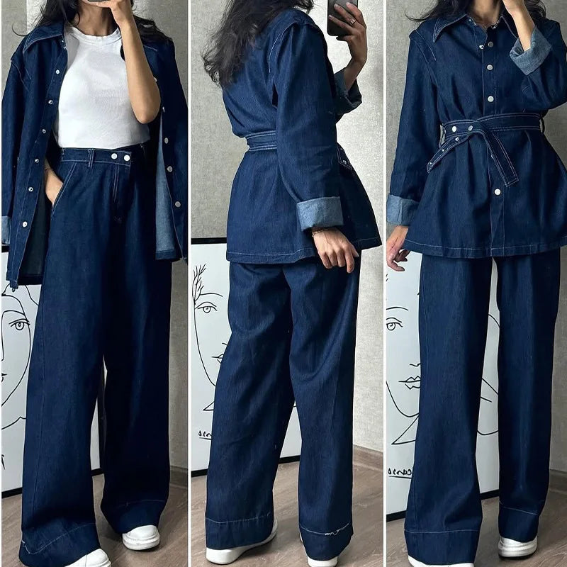 Tuta denim donna 2025 – giacca lunga a maniche lunghe + pantaloni a gamba ampia di alta qualità, stile autunnale