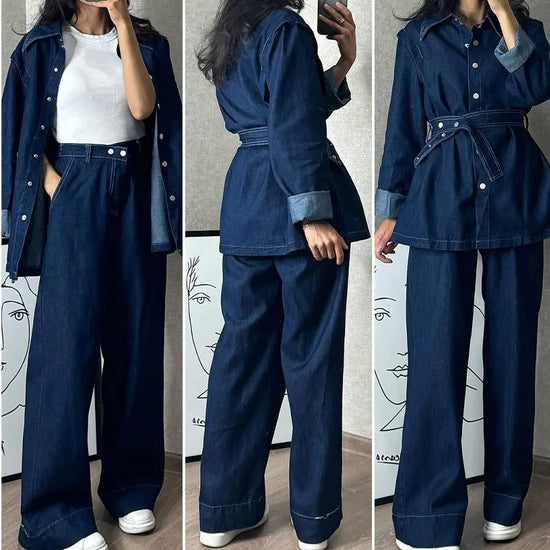Tuta denim donna 2025 – giacca lunga a maniche lunghe + pantaloni a gamba ampia di alta qualità, stile autunnale