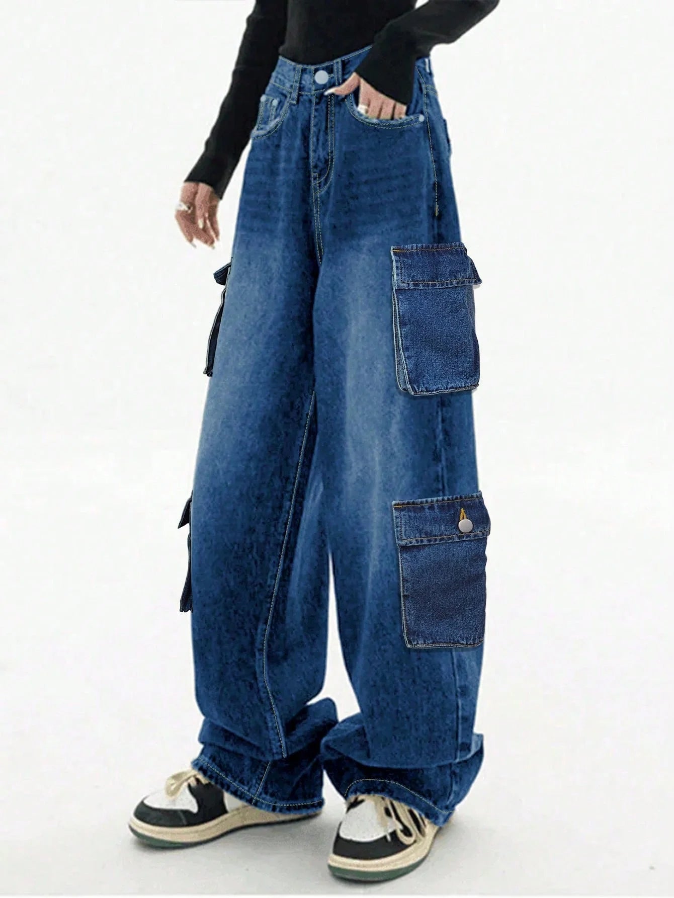 Jeans Baggy cargo straight-leg Y2K donna – vita alta, tasche laterali e stile streetwear dark blue