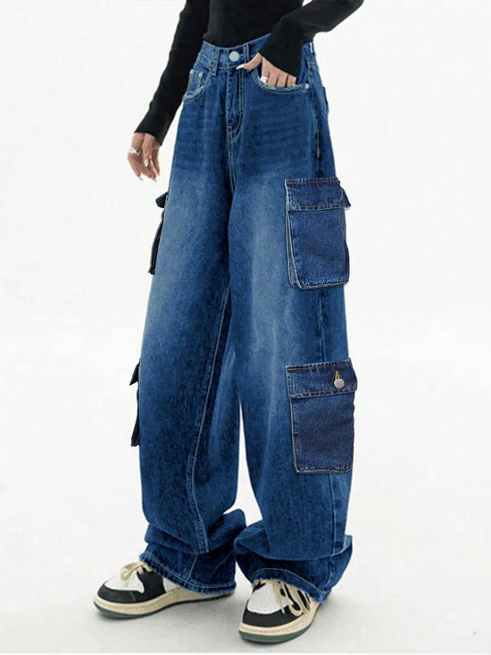 Jeans Baggy cargo straight-leg Y2K donna – vita alta, tasche laterali e stile streetwear dark blue