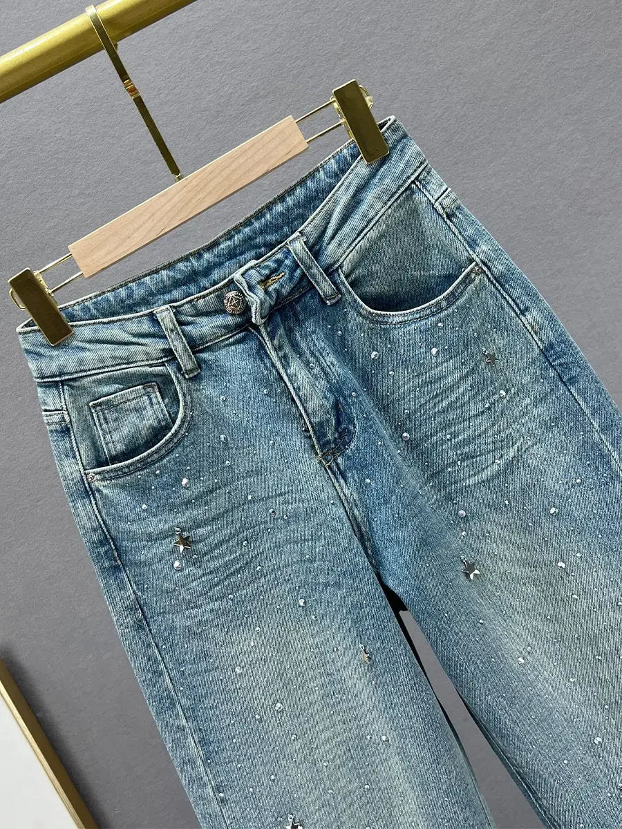 Jeans Donna Vita Alta con Ciondolo Brillante – Modello Gamba Dritta