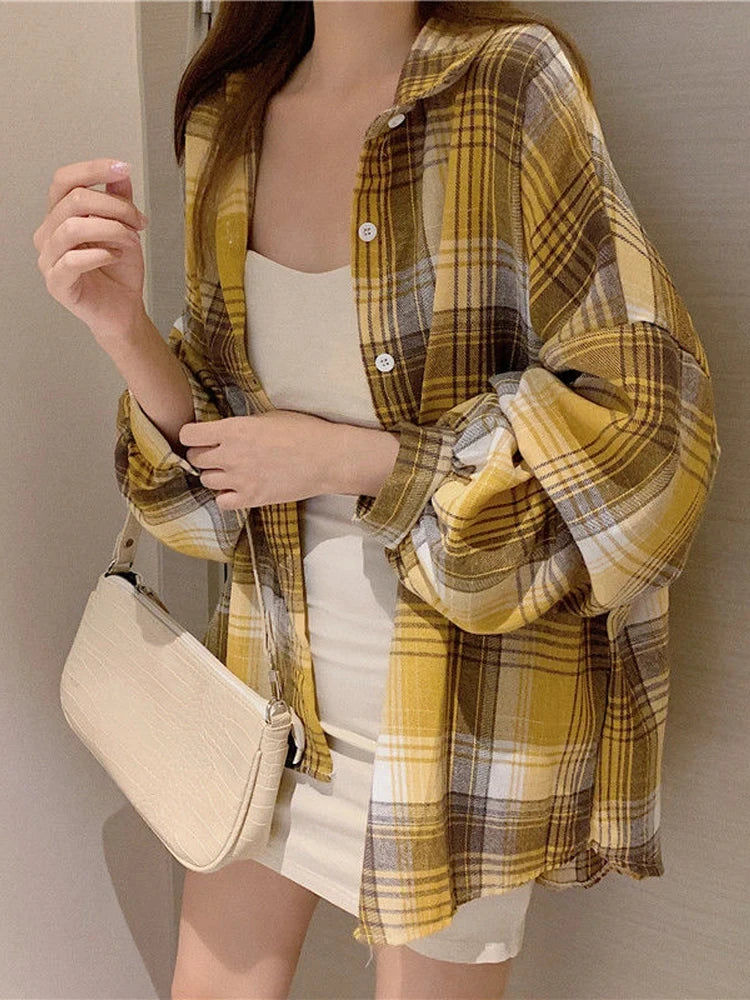 Camicia a quadri donna autunno 2025 – camicia manica lunga stile preppy vintage, taglio loose, single-breasted