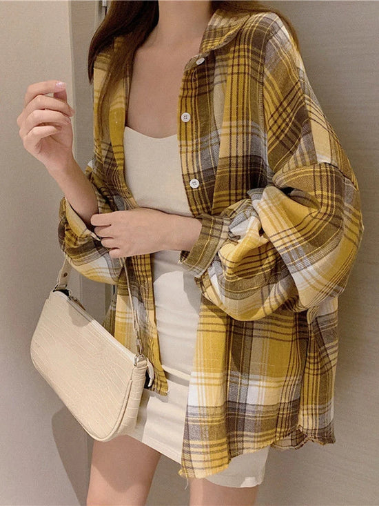 Camicia a quadri donna autunno 2025 – camicia manica lunga stile preppy vintage, taglio loose, single-breasted