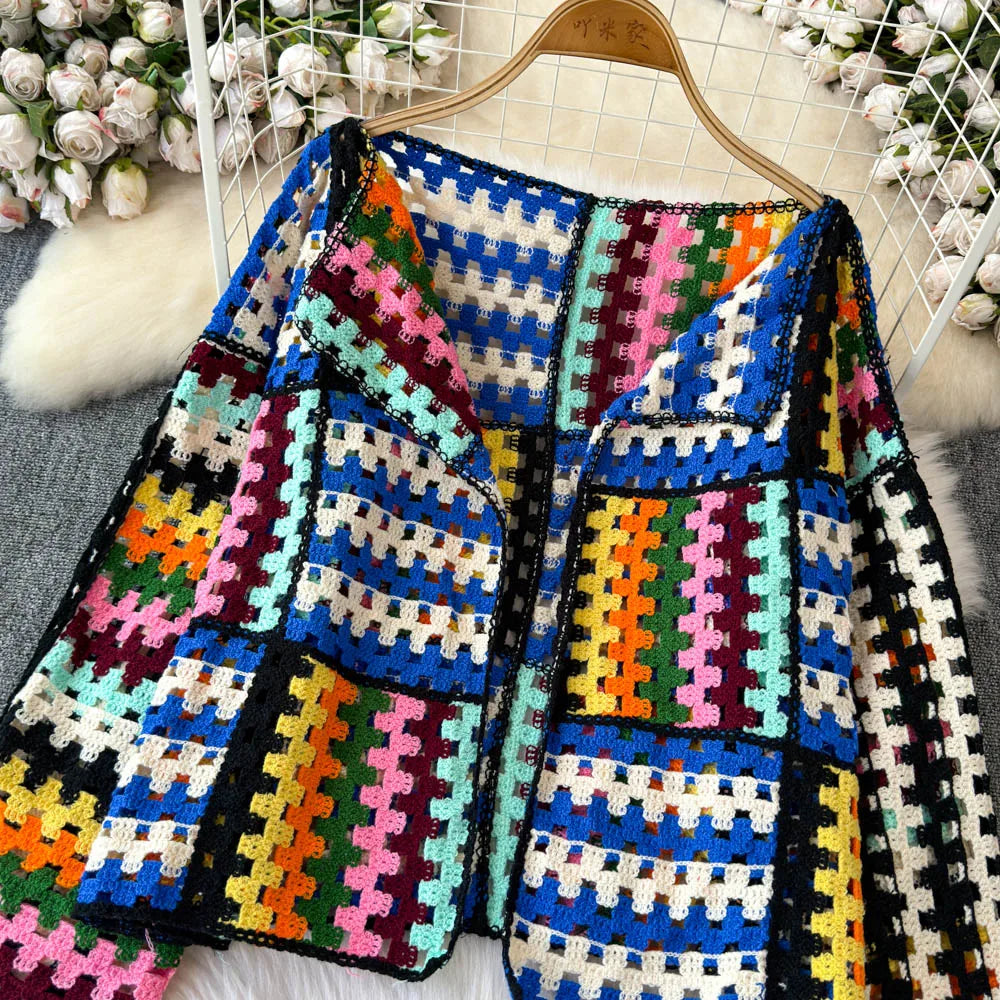 Cardigan multicolore crochet donna – Maglione traforato patchwork openwork