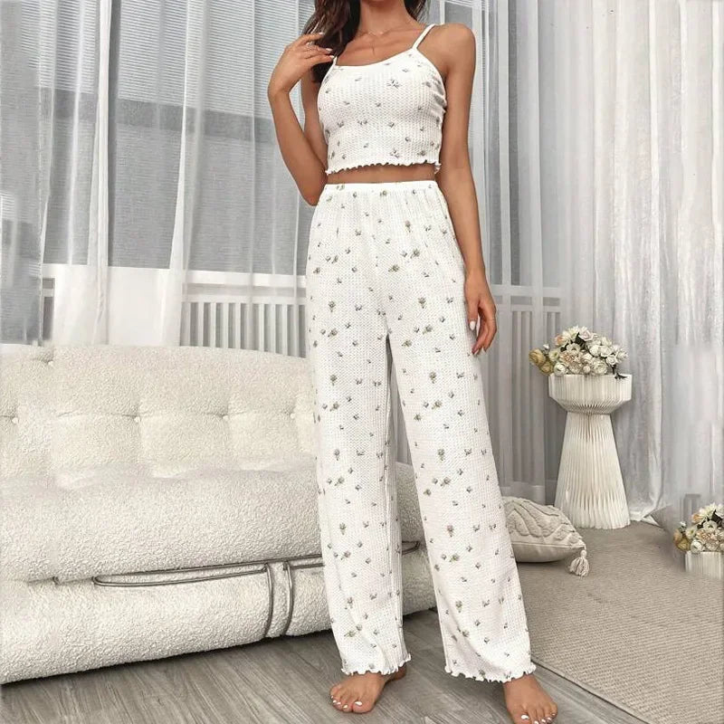 Pigiama Estivo Donna 2 Pezzi in Tessuto Waffle – Top con Spalline e Pantaloni Larghi Comodi