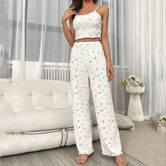 Pigiama Estivo Donna 2 Pezzi in Tessuto Waffle – Top con Spalline e Pantaloni Larghi Comodi