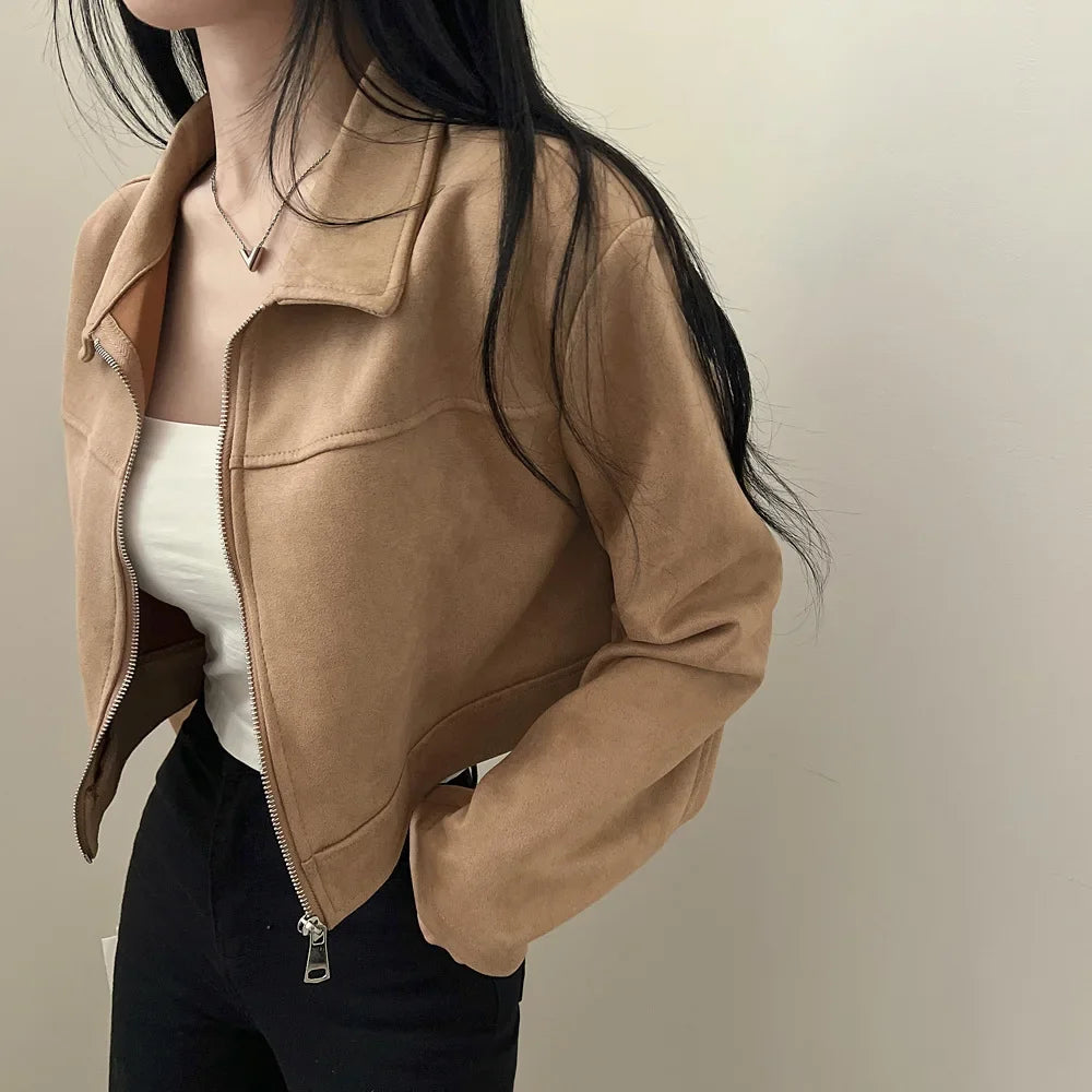 Giacca in pelle donna stile vintage – Giubbotto corto con zip, collo alla coreana, taglio slim fit, versatile e alla moda