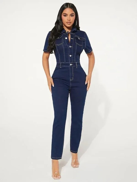 Jeans salopette skinny donna 2025 ‒ denim stretch blu con bottoni, jumpsuit casual con colletto a rever