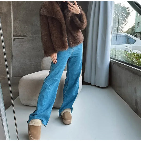 Pelliccia corta donna marrone con collo a rever
