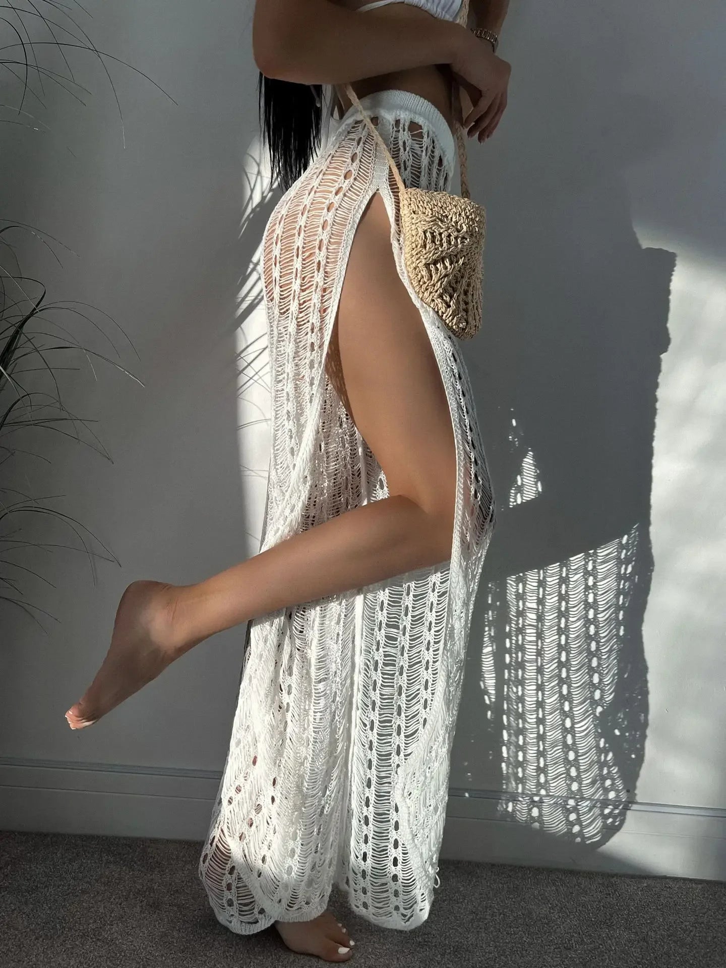 Pantaloni a Vita Alta in Cotone con Inserti Mesh e Spacco Alto per il mare