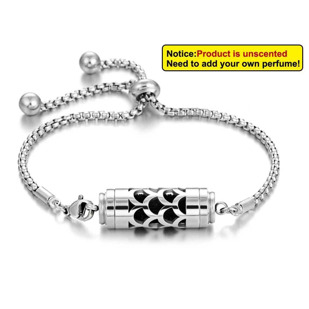 Bracciale diffusore aromaterapia argento in acciaio inox – Ciondolo profumato regolabile per oli essenziali