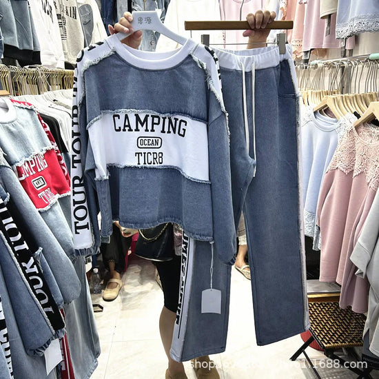 Completo Donna Denim Patchwork – Felpa + Pantaloni Streetwear Casual