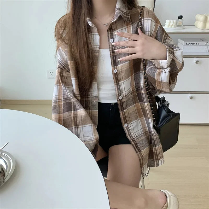 Camicia a quadri donna autunno 2025 – camicia manica lunga stile preppy vintage, taglio loose, single-breasted
