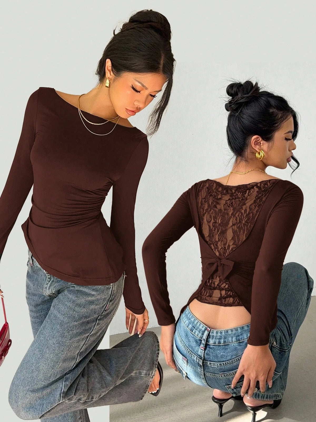 Maglia donna con pizzo e fiocco a maniche lunghe
