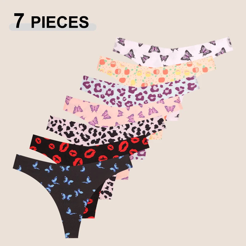 Set 7 pezzi perizomi donna in ice silk ultra sottile – G-string vita bassa con stampa farfalla/leopardato/frutta, lingerie comfort e sexy