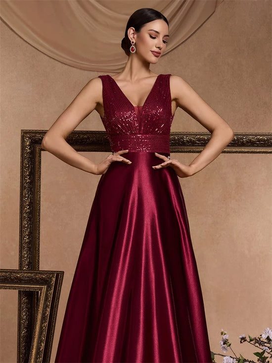 Abito Lungo Elegante Donna con Paillettes e Scollo V – Vestito Cerimonia Matrimonio