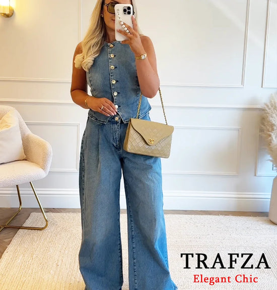 Set denim donna 2 pezzi 2025 – gilet con bottoni + jeans a vita alta wide-leg, look streetwear casual chic