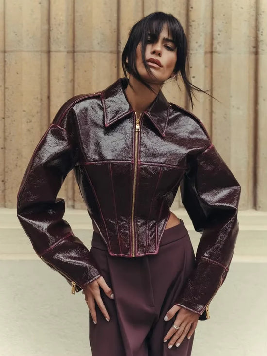 Giacca Biker Donna Effetto Pelle Lucida con Zip – Nero o Rosso