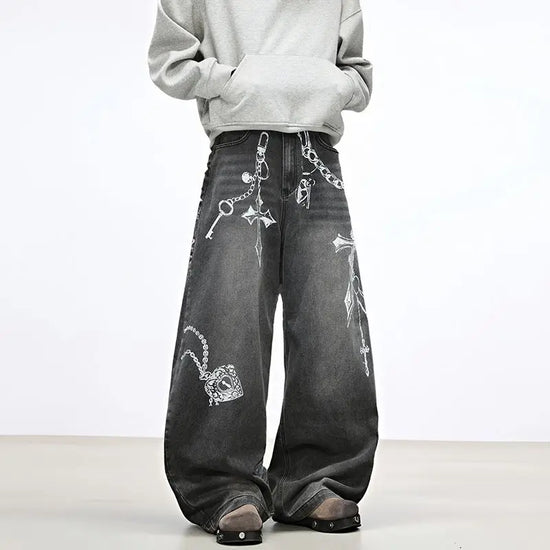 Jeans Baggy Unisex Neri con Stampa a Croce - immagine 4