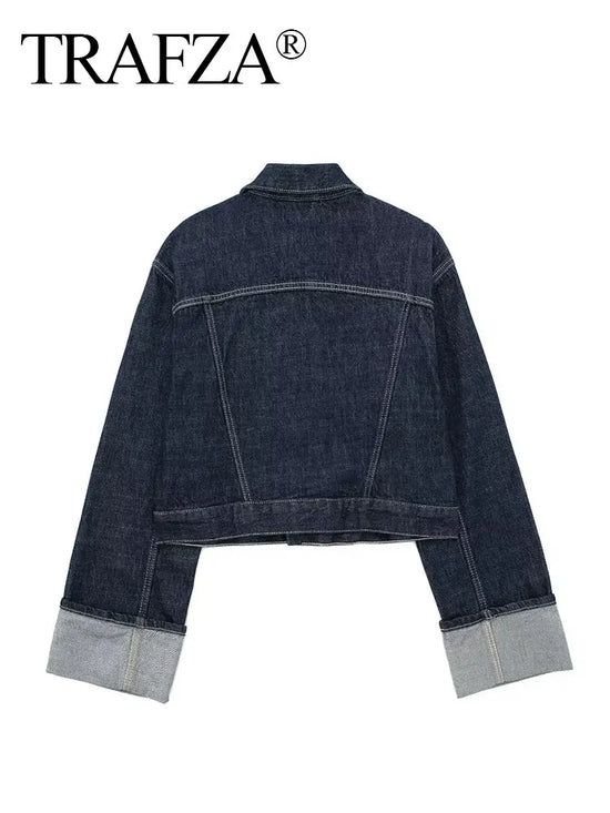 Giacca denim donna vintage 2025 – trench single-breasted con rever a collo, tasche & manica lunga blu scuro