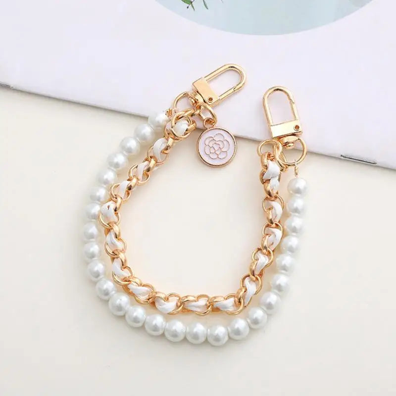 Portachiavi elegante doppio strato con perle + catena in pelle - accessorio fashion bag charm 2025