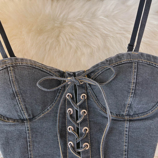 Top Denim Corsetto con Reggiseno Integrato – Crop Top Donna