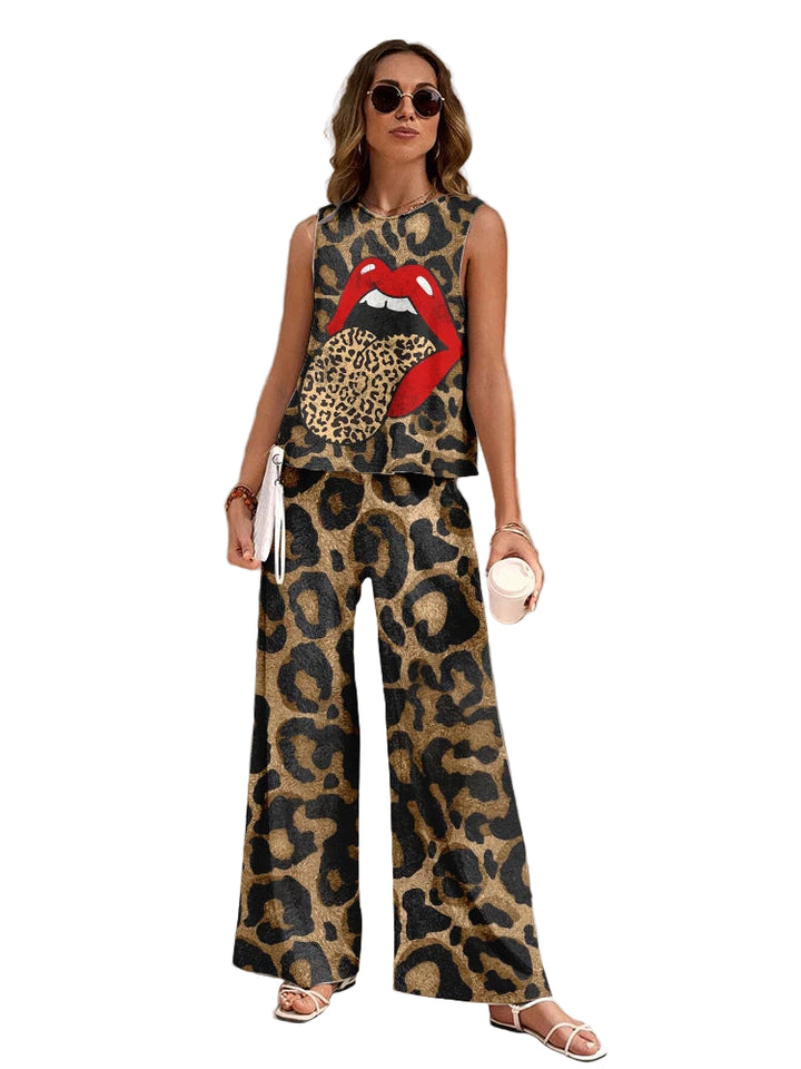 Set 2-pezzi donna stampa leopardo canotta e pantaloni — completo casual estate/inverno, stile urban street