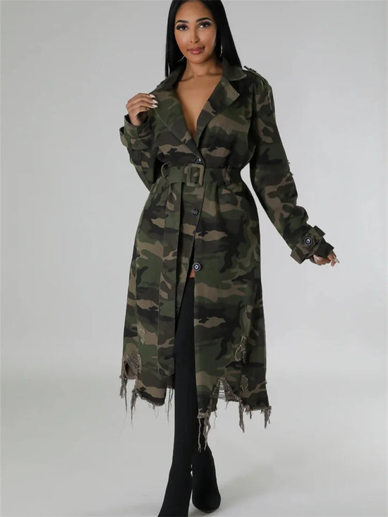 Trench camouflage oversize da donna | stile streetwear, lungo e ripped – taglie S-2XL