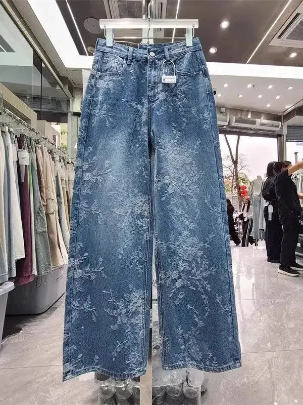 Jeans Wide Leg Donna a Vita Alta con Motivo Jacquard
