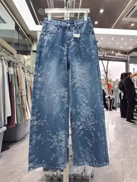 Jeans Wide Leg Donna a Vita Alta con Motivo Jacquard
