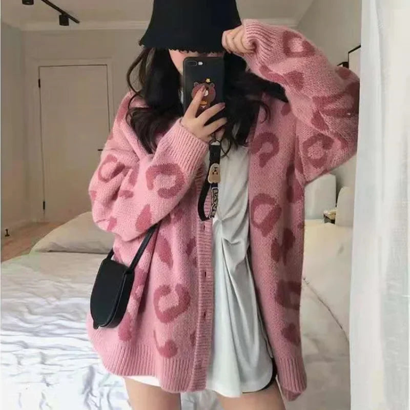 Cardigan leopardato donna con scollo a V stile coreano – Maglione knit oversize autunno/inverno animal print