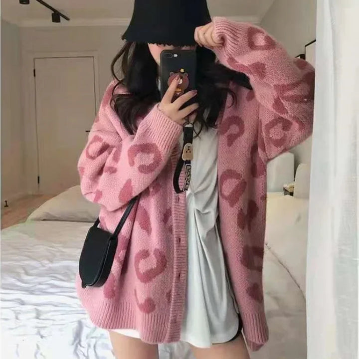 Cardigan leopardato donna con scollo a V stile coreano – Maglione knit oversize autunno/inverno animal print
