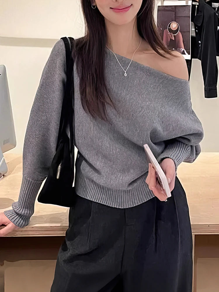 Maglione donna con spalle scoperte e maniche ampie - Grigio (GRAY)