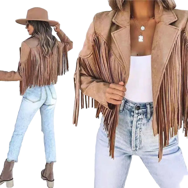 Giacca corta vintage in faux suede con frange ‒ lapel biker style graffiti hippy, giacca cropped 2025