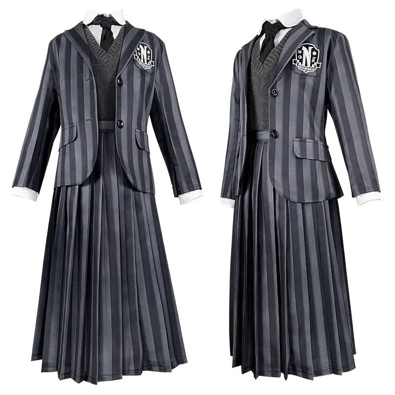 Costume università Mercoledi Addams 2025 – uniforme scolastica cosplay con giacca, gilet, gonna, perfetto per Halloween/adulti e bambini