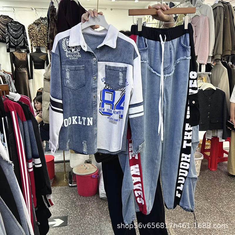 Completo Donna 2 Pezzi Denim Patchwork – Camicia Lunga + Jeans Vita Elastica Street Stylewo-Piece Set Letter Splicing