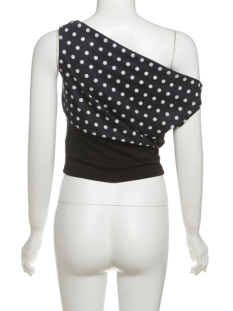 Weird Puss Polka Dots Print T-Shirts Women Summer Trend Skew Collar Off Shoulder Backless Street Fashion Trend Ruched Crop Tops