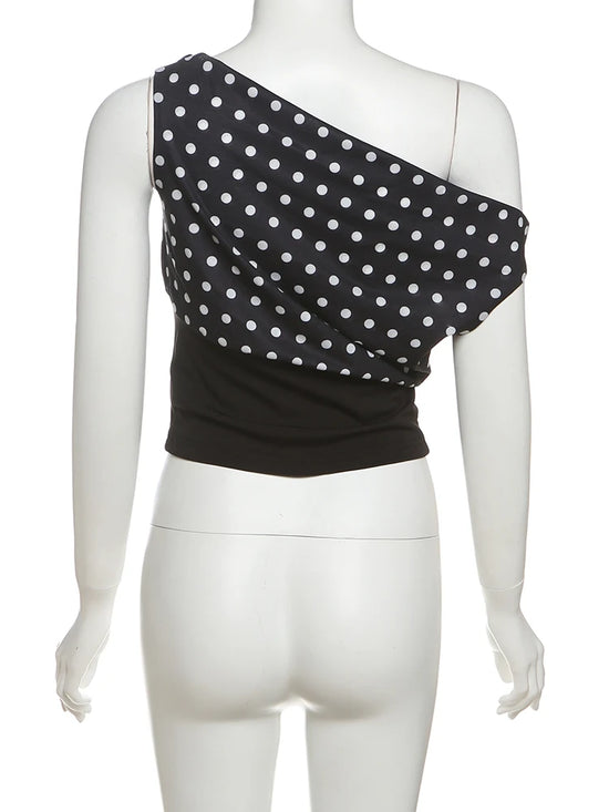 Weird Puss Polka Dots Print T-Shirts Women Summer Trend Skew Collar Off Shoulder Backless Street Fashion Trend Ruched Crop Tops