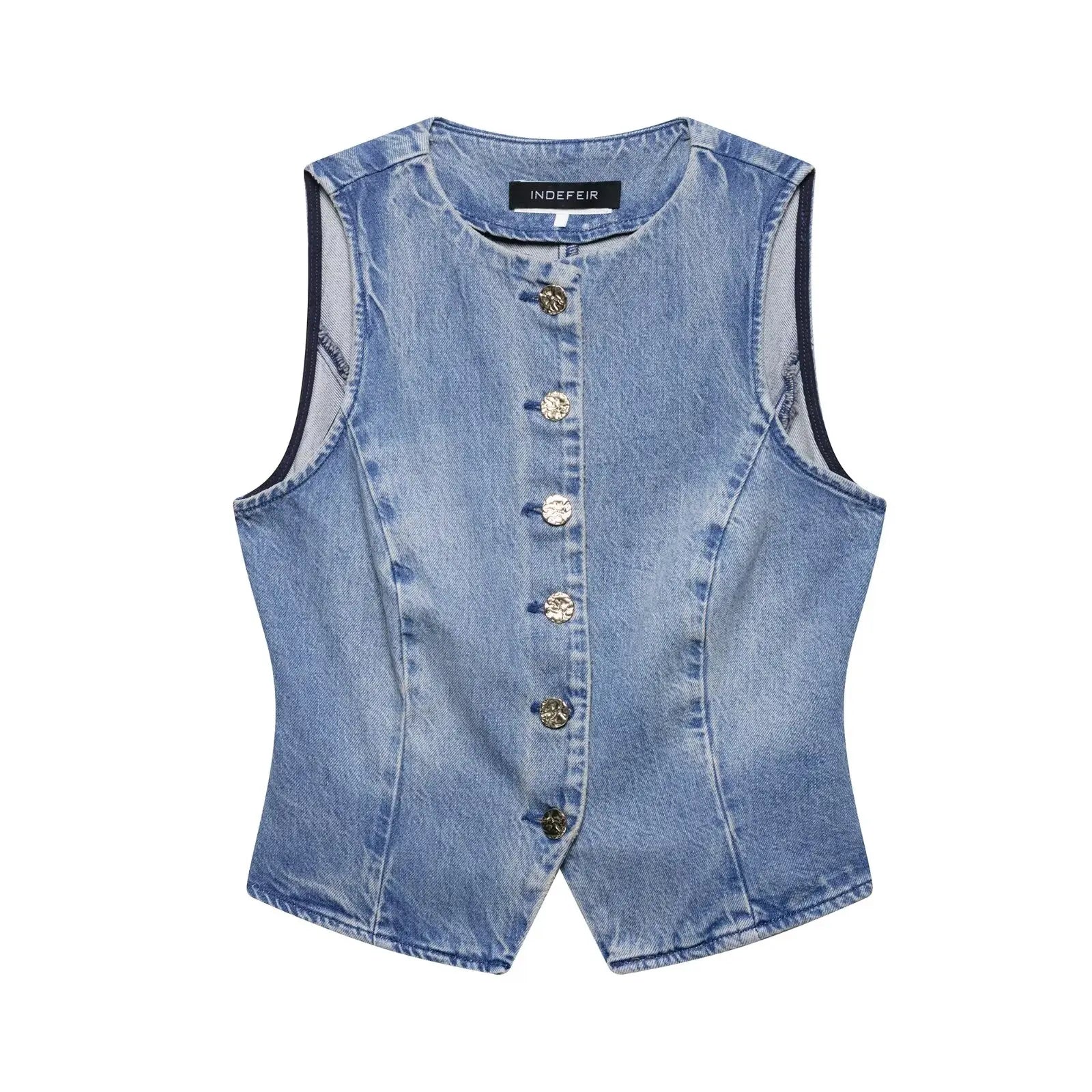 Set denim donna 2 pezzi 2025 – gilet con bottoni + jeans a vita alta wide-leg, look streetwear casual chic