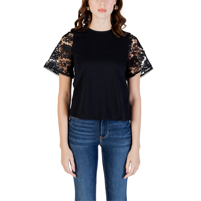 Top nero da donna in 100% cotone con maniche corte e scollo tondo, ideale per l'estate.