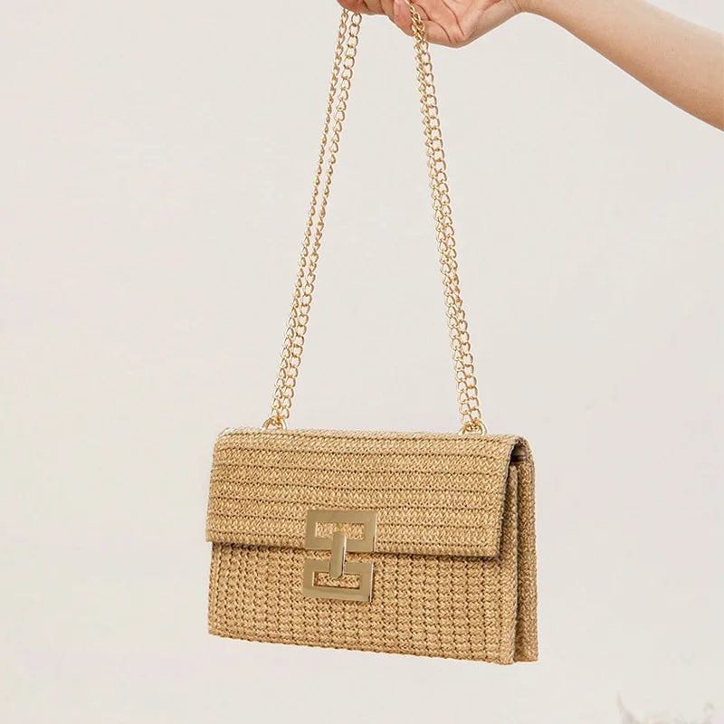 Borsa in paglia elegante con tracolla a catena per estate donna