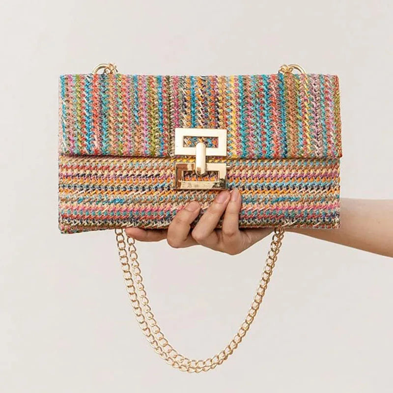 Borsa in paglia elegante con tracolla a catena per estate donna