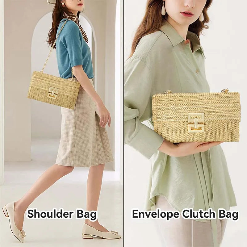 Borsa in paglia elegante con tracolla a catena per estate donna